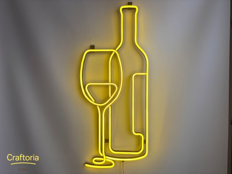 Neon LED sign Neon sign Wine bottle glass 800x326 Lemon yellow &mdash; product code ПЛЯ-800x326-ЛИМ, main photo