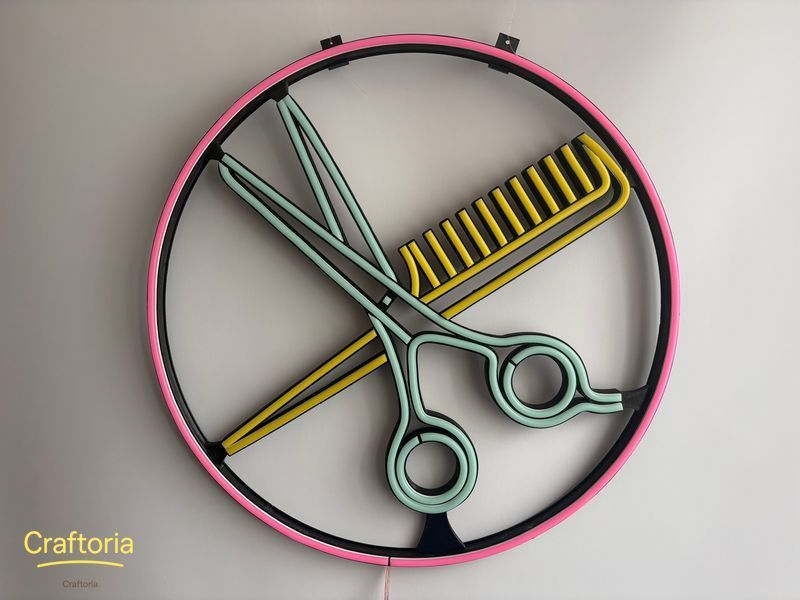 Neon LED sign Neon sign Scissors comb in a circle 500x500 Combined &mdash; product code НОЖ-500x500-КОМ, main photo