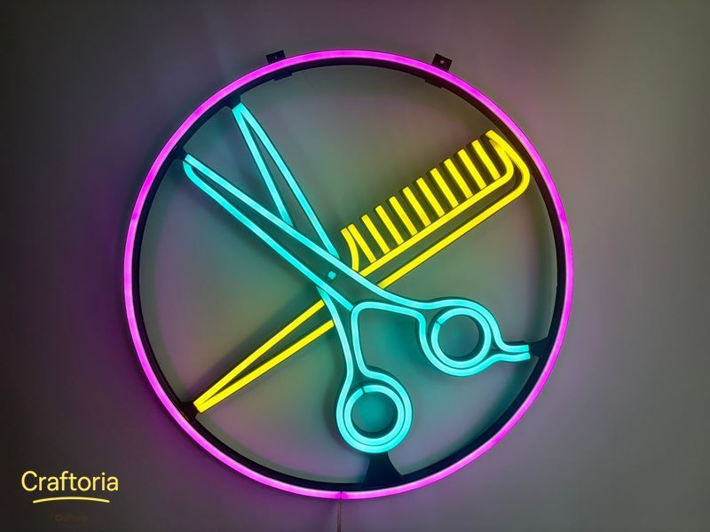 Neon LED sign Neon sign Scissors comb in a circle 500x500 Combined &mdash; product code НОЖ-500x500-КОМ, main photo