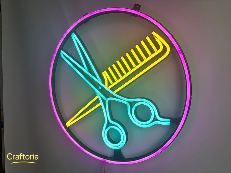 Неонова вивіска Ножиці гребінець у колі 750x750 Комбінований НОЖ-750x750-КОМ фото