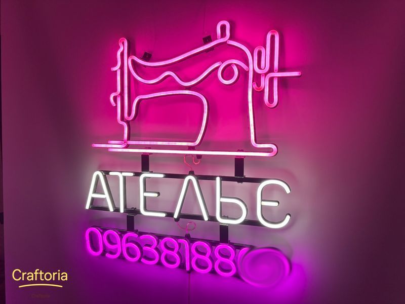Неонова вивіска Швейна машинка Ательє номер телефону 590x540 Комбінований ШВЕ-590x540-КОМ фото