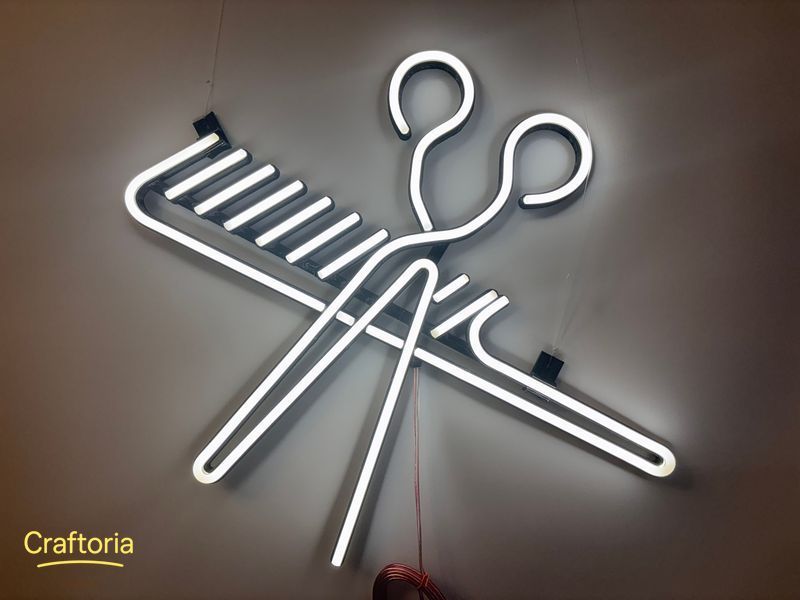 Неонова вивіска Ножиці гребінець 500x400 Білий НОЖ-500x400-БІЛ фото