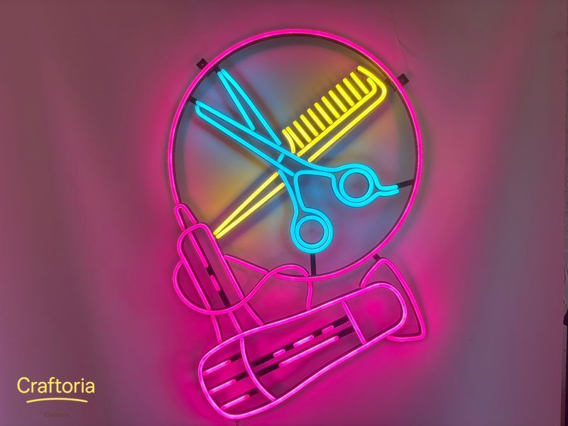 Неонова вивіска Фен ножиці гребінець 800x520 Комбінований ФЕН-800x520-КОМ фото